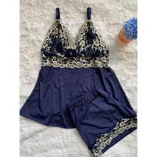 Baby Doll Renda Bicolor Romantico Sensual Conforto Presente BD159 - Azul Marinho - Visão 2