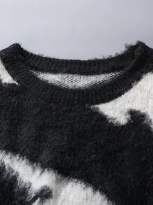 男士休闲宽松简约黑白绒毛图案圆领套头毛衣，轻薄长袖针织衫，男士礼物