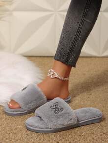 1 Pair Casual Plush Slippers For Teenage Girls, Bow Decor, Warm Thermal Lined, Non-Slip Flat Sole, Suitable For Autumn/Winter