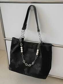 女士花卉布艺托特包，大容量通勤包，时尚百搭必备 - 黑色 - 查看 2