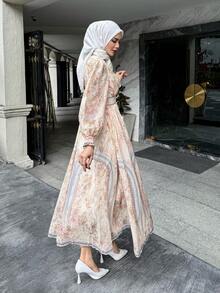 DAZY Vestido largo de estilo bohemio con estampado total y cintura ceñida, vestido de vacaciones de estilo francés, vestido elegante de manga larga para otoño, vestido elegante con estampado floral, vestido con adorno de encaje