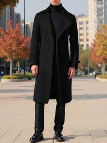 Abrigo largo para hombre de gabardina, abrigos para hombre en colores caqui negro gris con doble fil a de botones, elegante y formal para ocasiones especiales - Negro - Ver 2