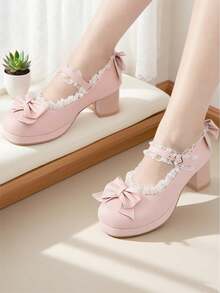 Women Kawaii Mid Block Heel Mary Jane Rockabilly Pumps With Bow Platform Chunky Heel Cute Sweet Shoes - 粉色 - 查看 1