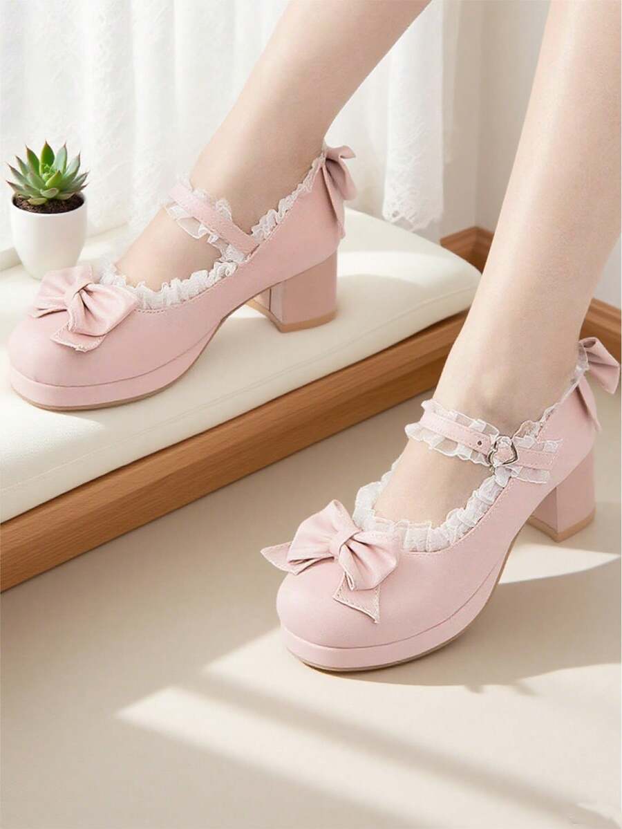 Women Kawaii Mid Block Heel Mary Jane Rockabilly Pumps With Bow Platform Chunky Heel Cute Sweet Shoes - 粉色 - 查看 1