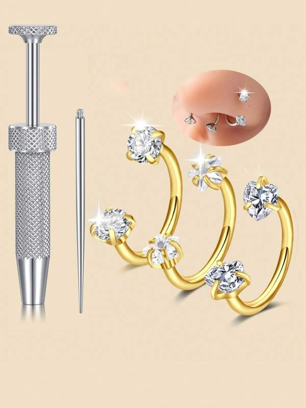 AVYRING 5pcs Gold Horseshoe Nose Ring 18g Double Gem Horse Shoe Nose Ring Hoop For Women Surgical Steel Half Hoop U Shape Tragus Earring Hoops Labret Lip Helix Piercing Jewelry Septum Rings 18 Gauge