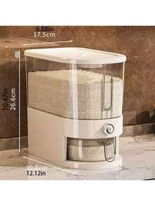 1个全新塑料米罐，密封防漏，带定量分配器，适用于厨房米罐，一键定量分配，包含量杯和驱虫盒，漏斗式设计防止堵塞，透明窗口方便查看剩余米量，适合放置于厨房台面/角落收纳。 - 白色 - 查看 6