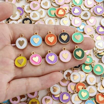 50pcs Mixed Color Double-Sided Oil Drop Heart Shaped Alloy Round Pendant, Suitable For Women Necklace, Earrings, Hair Accessories, DIY Jewelry, Couple Pendant, Gift For Friends And Holidays