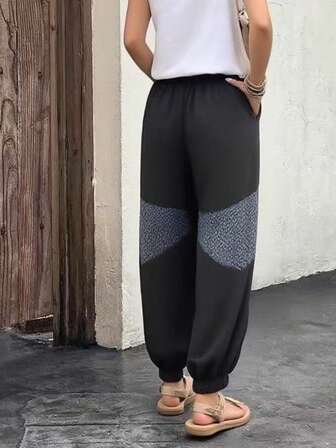 Women's Long Elf Pants, With Drawstring And Elastic Hem, Polyester Fabric, Unique Patchwork Design Casual Running Sports Pants