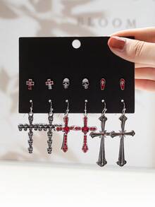 6 Pairs Gothic Cross, Sunflower, Pentagram, Crescent Moon, Raven, Pentagram, Skull Fashionable Earring Set