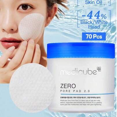 Medicube K-Beauty 70片/盒 Zero Pore Pads 2.0，双质地洁面棉片，蕴含4.5% AHA乳酸和0.45% BHA水杨酸，有效去除角质并缩小毛孔，适合所有肤质，韩国护肤品