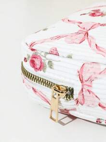 1pc Pink Bow Floral Print Sanitary Napkin Pouch, Mini Cosmetic Bag, Multifunctional Sanitary Napkin Organizer, Compact Square Bag, Women's/Girls' Travel Cosmetic Case, Cute Zipper Pouch Coin Purse, Campus Style, Suitable For School, Work, Travel, Makeup Bag, Skincare Bag, Toiletry Bag, Packaging Box, Travel Essentials