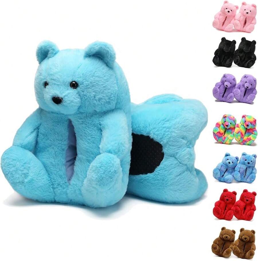 Bashful Teddy Bear Plush Slippers For Women,Pig Slippers,Cozy Plush Animal Slipper With Face-Pawing Shy Design,Non-Slip Fuzzy Winter Indoor House Shoes, Birthday Christmas Gift Ideas (US Sizes 9-12)Christmas - A11-淺藍色 - 查看 1