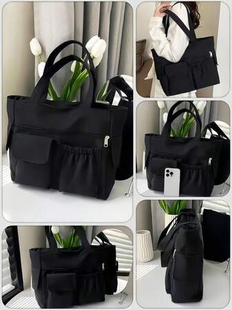 1pc Women's Solid Color Versatile Tote Bag, Simple Multi-Pockets Large Capacity Underarm Bag For Students, New Design Casual Travel Vacation Shopping Handbag & Shoulder Purse, Business Commuting Daily Going Out Computer Bags