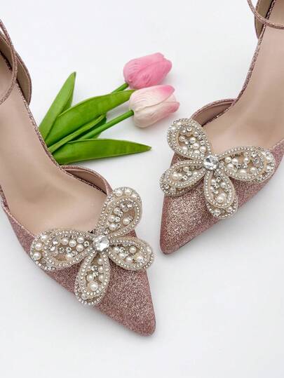 2pcs New Elegant Double Layered Bow Pearl Rhinestone Detachable Shoe Clips - Ideal For Weddings, Bridal Parties And High Heels