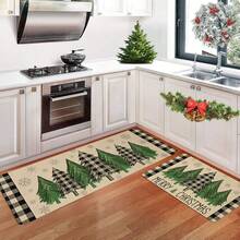 1/2pcs Christmas Floor Mat, Luxurious Green, Black And White Checked Christmas Tree Pattern Kitchen Floor Mat, Perfect For Indoor/Outdoor Use, Family Gatherings, Kitchen, Dining Room, Christmas Atmosphere Decoration, Home Decoration