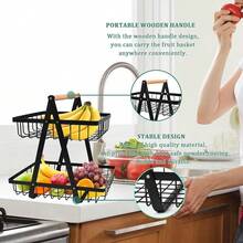 Double Layer Detachable Metal Storage Basket, Multifunctional Kitchen Counter And Catering Organizer, Used For Storing Fruits, Vegetables, Bread, Vegetable Storage Racks, Kitchen Accessories, Practical Racks - 黑色 - 查看 3