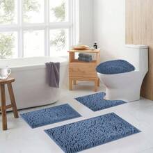 Blue Bathroom Rugs Sets 4 Piece With Toilet Lid Cover, Non Slip Bathrooats Extra Soft Chenille Bath Rugs Absorbent Shaggy Rugs Perfect Plusats U-Shaped Toilet Rug Bathroom Set,18821269 - 藍色 - 查看 2