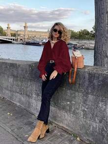 Áo kiểu nữ thanh lịch, sang trọng, tay phồng, cài cúc phía trước, viền bèo nhún, thích hợp cho lễ hội âm nhạc, lễ tốt nghiệp, kỳ nghỉ hè, mùa xuân, đi biển, sinh nhật, tiệc tùng, du lịch, trang phục thường ngày, phong cách Y2K. - Màu Đỏ Sâu - Xem 6