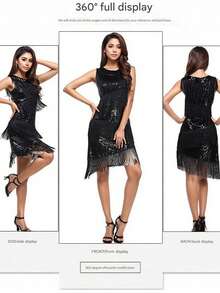 Latin Dance Performance Costume, Sequin Fringe Latin Competition Dress, Sleeveless Dance Outfit - متعدد الألوان - مشاهدة 7