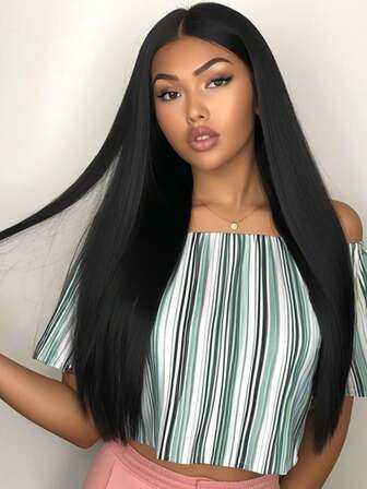 Peluca sintética recta de 28 pulgadas con raya al medio, color negro, resistente a temperaturas, de seda suave y elegante, versátil, adecuada para Halloween, cosplay y uso diario, se adapta a todas las mujeres