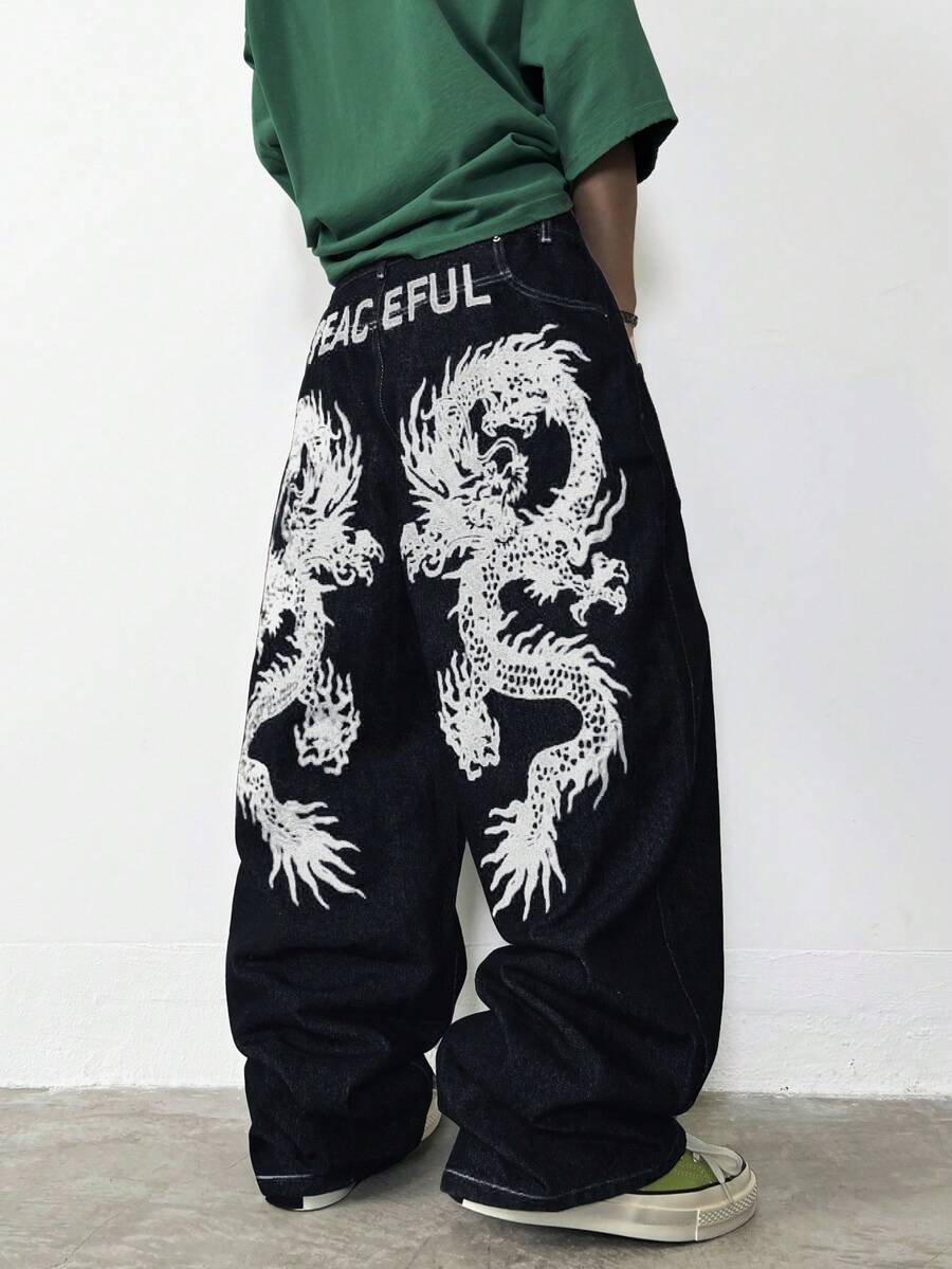 1件 Infinite Jeans 美国街头嘻哈品牌刺绣男士宽松阔腿牛仔裤（产品不含腰带和配饰） - 黑色 - 查看 1