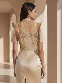 Amyenjoylife Modern Filipino Style, Elegant Embroidered Floral Puff Sleeve Short Jacket - Coffee Brown - View 2