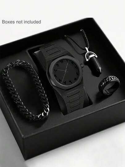 4 件时尚百搭圆形表盘男士石英腕表，搭配链式手链、吊坠项链、戒指首饰组合套装，适合节日、派对、商务休闲和日常佩戴，是送给男士的最佳礼物。