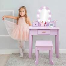 Tocador infantil con espejo, tocador con luces y silla, juego de tocador y silla de madera para niños de 4 a 9 años. - Morado - Ver 1