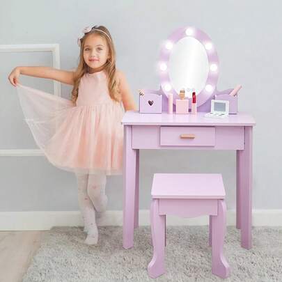 Tocador infantil con espejo, tocador con luces y silla, juego de tocador y silla de madera para niños de 4 a 9 años.