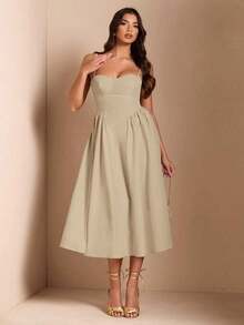 Women's Solid Color Strapless Dress, Inspired By Vintage Style, With A Shaping Bustier Design, Suitable For Everyday Wear Or As A Special Occasion Dress. - 卡其色 - 查看 3