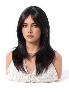 16英寸长直发假发，带刘海，酒红色，女士合成假发，适合女孩日常和派对佩戴，黑色耐热长卷发 - 挑染紅色 - 查看 5