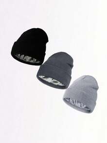 3 件套缎面衬里冬季男女款针织帽，带缎面衬里，纯色骷髅帽，秋季服装 - 彩色 - 查看 4