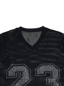 纯色V领短袖闪亮水钻性感透视开衩女式上衣，适合生日派对和节日庆典 - 黑色 - 查看 7