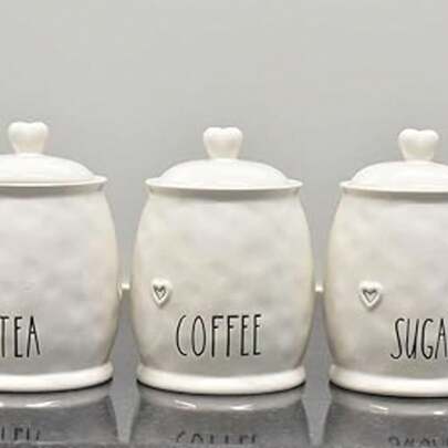 Biznest Set Of 3 Ceramic Tea Coffee & Sugar White Storage Jars Shabby Chic Heart Design Lid Home Décor