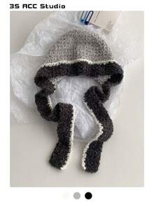 Vintage Grandma Plaid Hand-Crocheted Thick Yarn Balaclava Hat With Colorful Lace Ties, Earflap Beanie Scarf Combo, Warm Neck Gaiter Scarf Two-In-One Hat For Winter - Multicolor - View 17