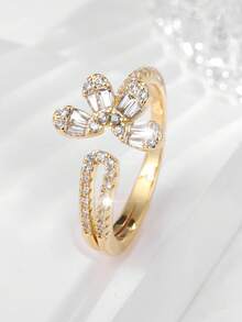 1pc Fashionable Copper Zirconia Petals Open Ring For Women's Daily Wear