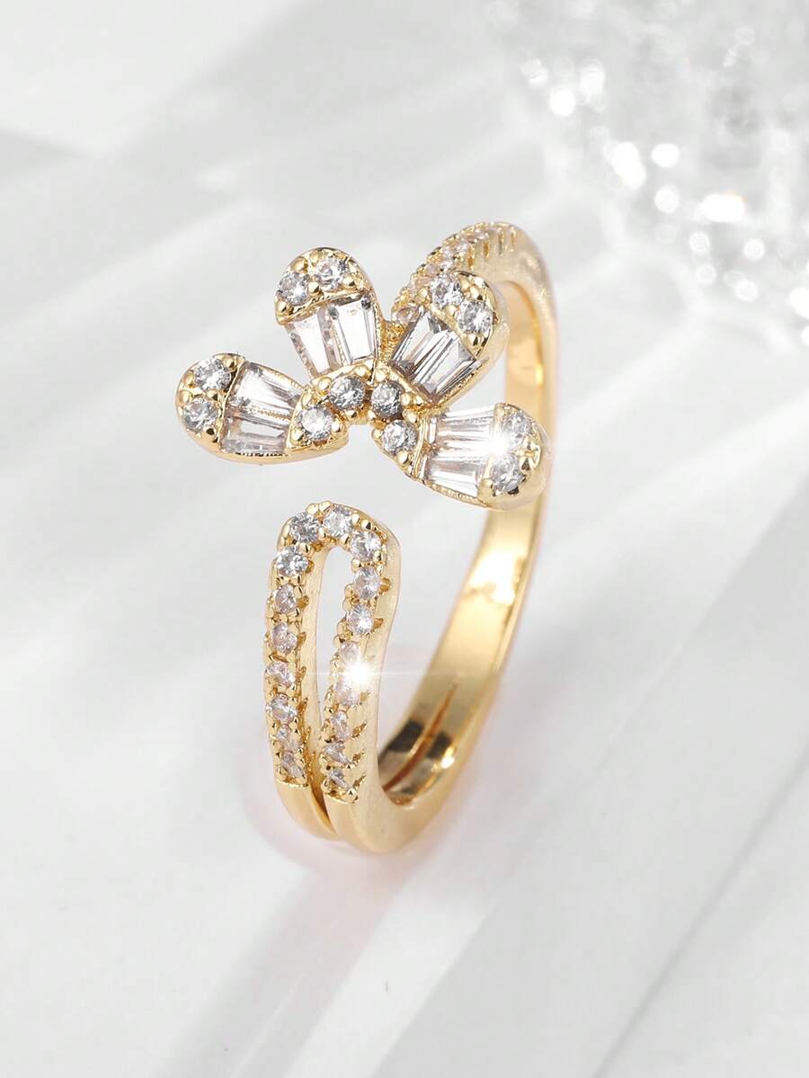 1pc Fashionable Copper Zirconia Petals Open Ring For Women's Daily Wear