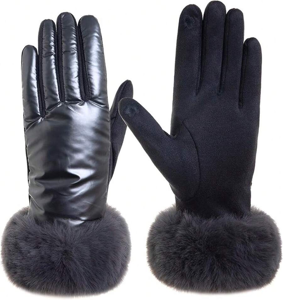 Women's Winter Suede Gloves With Fur Cuffs - Soft, Warm, Touchscreen, Fleece Lined - 仿皮-深灰色 - 查看 1