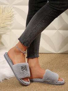 1 Pair Casual Plush Slippers For Teenage Girls, Bow Decor, Warm Thermal Lined, Non-Slip Flat Sole, Suitable For Autumn/Winter