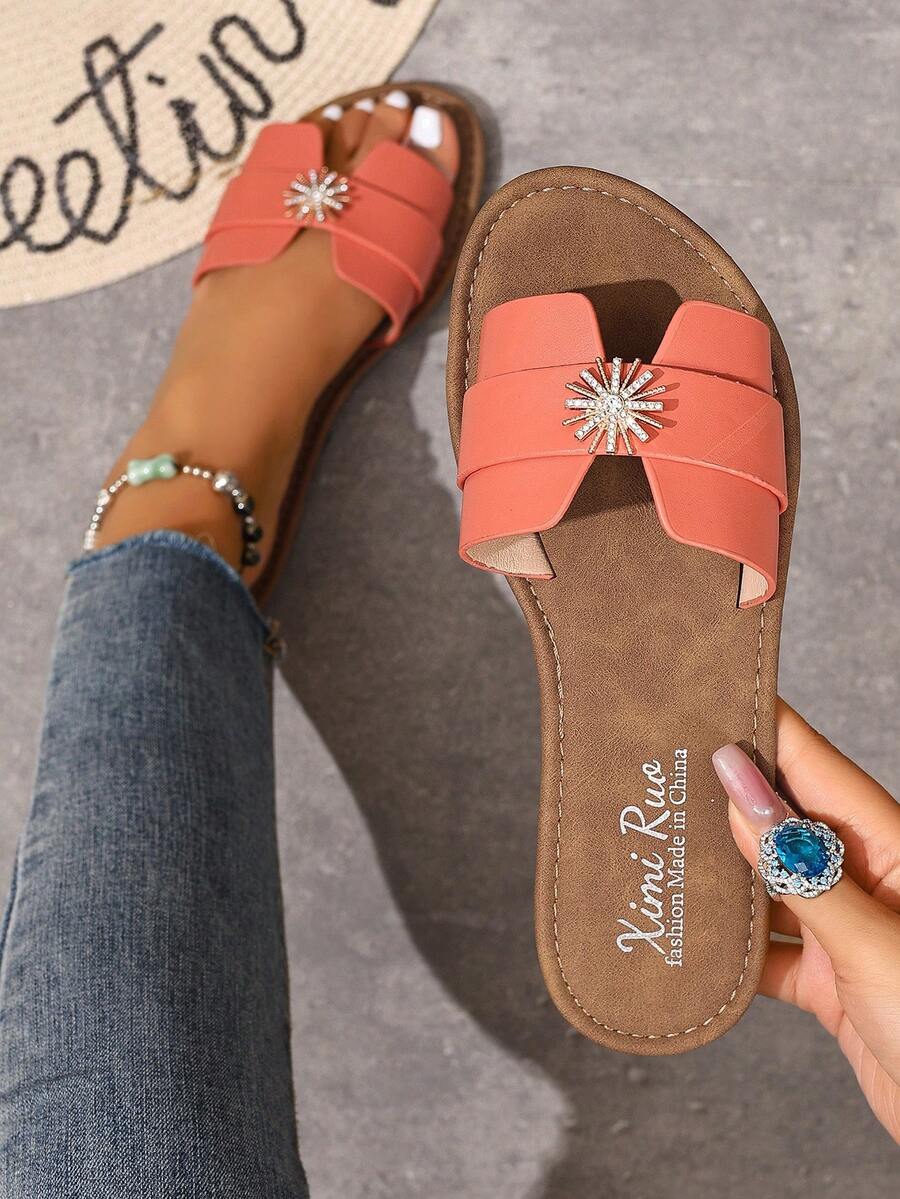 韩版休闲平底凉鞋，女鞋，露趾，罗马编织款式，适合春夏沙滩休闲装，棕色 - 紅色 - 查看 1