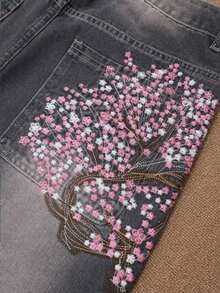 Y2K Rock Hip Hop Vintage Jeans, Loose Wide Leg Retro Jeans With Cherry Blossom Embroidery, Floral Embroidered Pocket Light Wash Pioneer Fashion Jeans - Grey - View 5