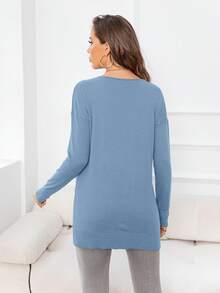 DEARCASE Women's Casual Solid Color V-Neck Drop Shoulder Split Hem Sweater - Dusty Blue - View 2