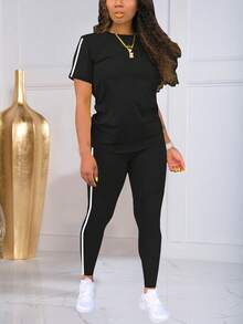 两件套 时尚条纹圆领短袖运动上衣和裤子套装 黑色 夏季 - 黑色 - 查看 3