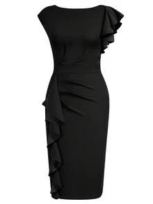 MIUSOL Elegant Women's Black Vintage Solid Ruched Asymmetrical Sleeve Ruffle Trim Fitted Dress For Cocktail Party, Business Casual, Back To School - 黑色 - 查看 7