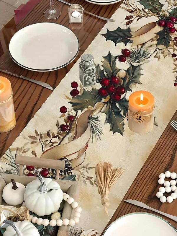 1 pezzo, Runner da tavolo natalizio con bacche rosse, rami di pino ed elegante - Decorazione da tavola festiva in poliestere per albero di Natale, tavolino da caffè, decorazione per la casa - Facile da pulire, decorazioni per feste invernali, decorazioni per la tavola di Natale