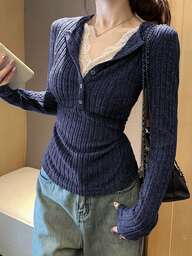 ボタン付き カジュアル レース シャーリング 2 in 1 ブラッシュTシャツトップ