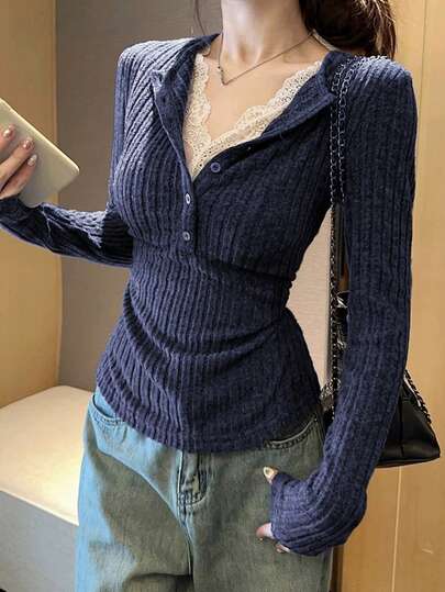 纽扣细节休闲蕾丝褶饰二合一拉绒T恤上衣