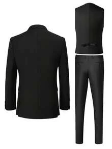 3-Piece Solid Color Men's Suit Set, Regular Fit, With Pockets And Buttons, Suitable For Going Out On Dates, Anniversary Photoshoots, Formal Occasions, Dinners, And Daily Wear, (Applicable For) Valentine's Day - 黑色 - 查看 3