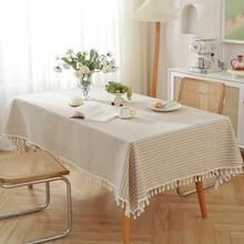 Meioro Table Cloth Beige Striped Tablecloth Tassels Cotton Blend Dust-Proof Table Cover For Dining Coffee Buffet Kitchen Picnic Tables, Parties Tablecloths(55 X 78 Inch, Beige) - 米色78x55矩形 - View 4