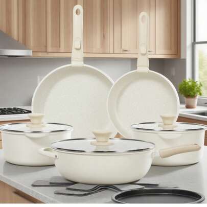 15pcs Nonstick Cookware Set - Induction Compatible Granite Coated Pots & Pans Kit With Frying Pans, Saucepans,Durable Aluminum Kitchen Set,Frying Pan, Stew Pot, Frying Pan, Non-Stick Pan, Soup Pot, Practical Kitchen Tools